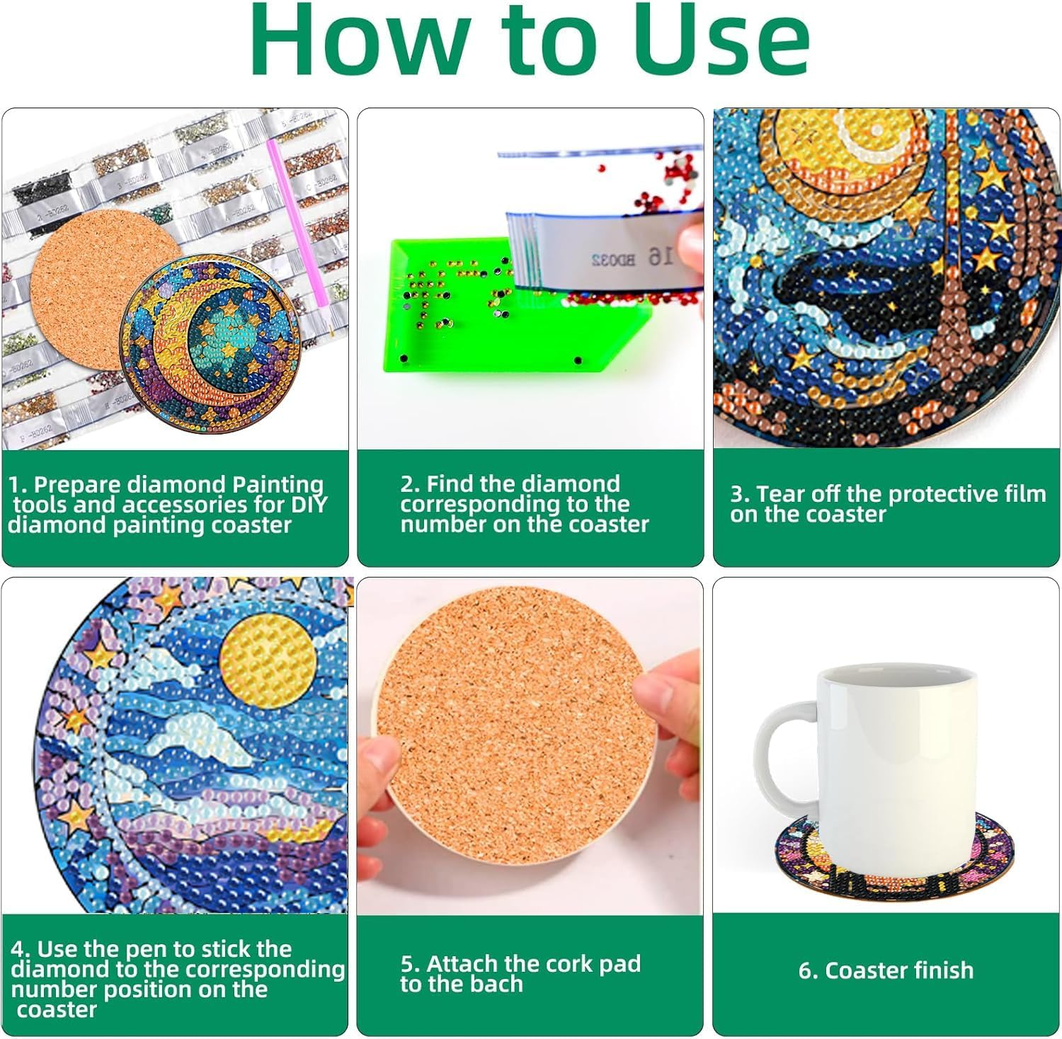 8 Pcs Diamond Art Coasters Moon Diamond Painting Coasters Kits with Holder Cork Pads DIY Moon Diamonds Art Painting Coaster Set for Adults Beginners Crafts Supplies image number 1