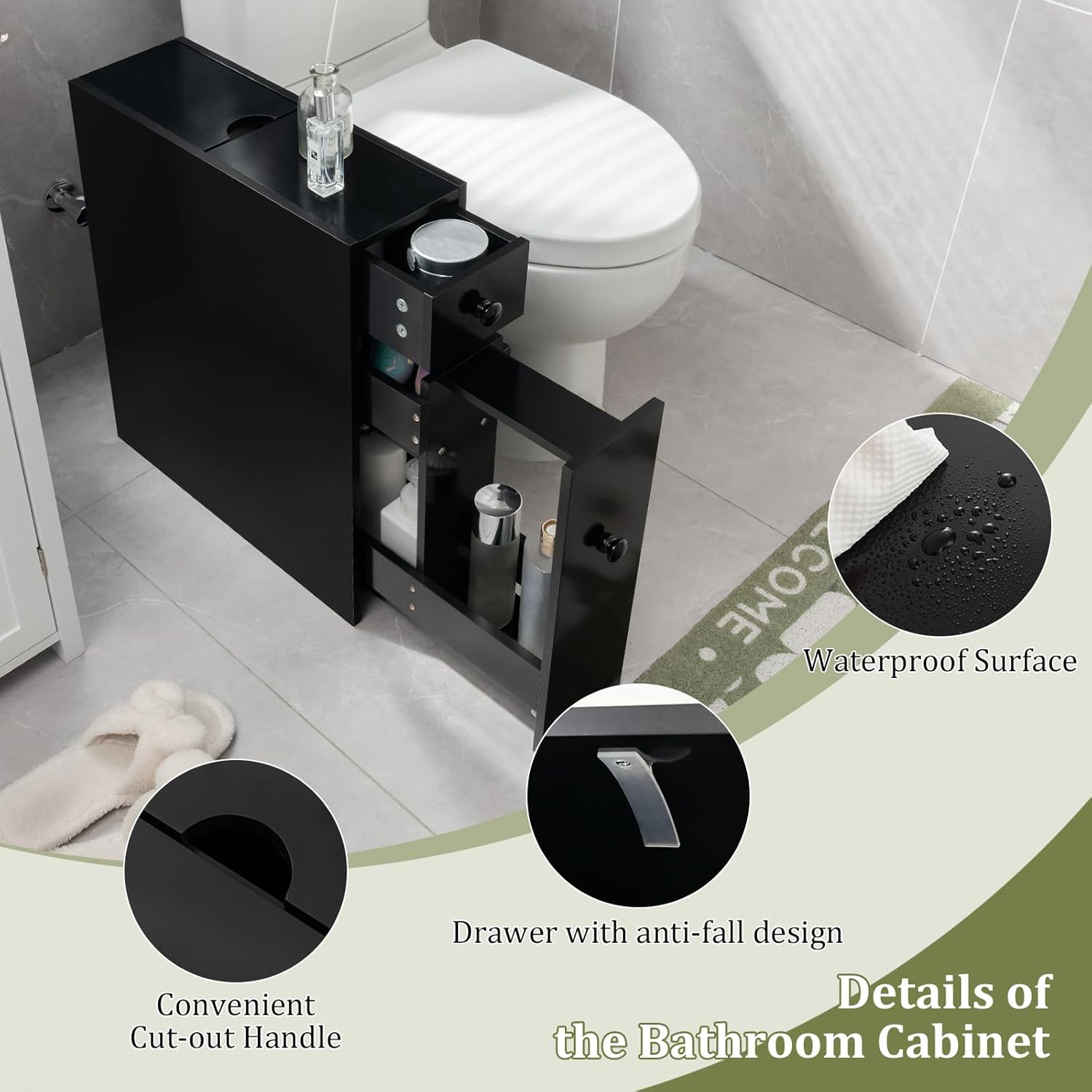 Giantex Slim Bathroom Cabinet, Freestanding Storage Cabinet, Toilet Paper Holder, Side Cabinet Storage Unit W/Pull-Out Drawer & Shelf for Narrow Space Bathroom Living Room Kitchen (Black) image number 2