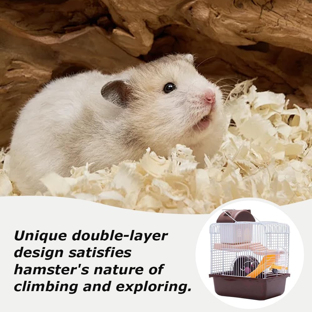 TOMVAES Hamster Cage, 2 Floors, Portable Travel Cage, Large Hamster Hutch, Castle Style, Interactive House, for Hamsters, Golden Polar Bear, Coffee and White, 23X17X30 Cm, PP, Wire image number 3
