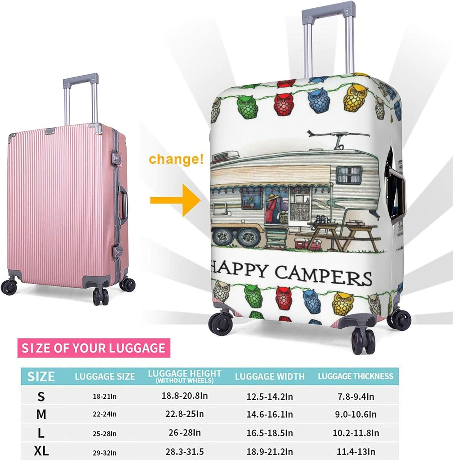 Odddot Happy Camper Print Travel Luggage Cover,Suitcase Protector Cover, Washable Baggage Covers,For 18-32 Inch Luggage, Happy Camper, Small image number 1