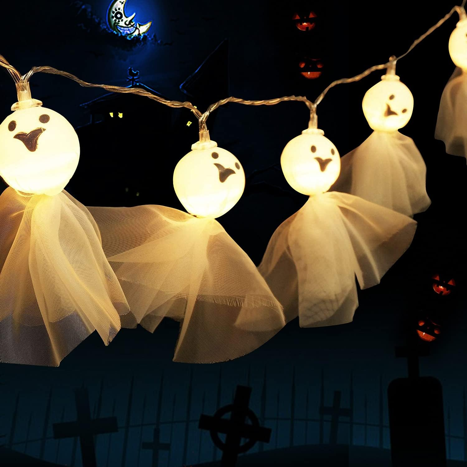 KIMOBER 20 Leds Halloween Ghost String Lights,Battery Powered Lighting Decoration for Halloween Outdoor Indoor Party image number 3