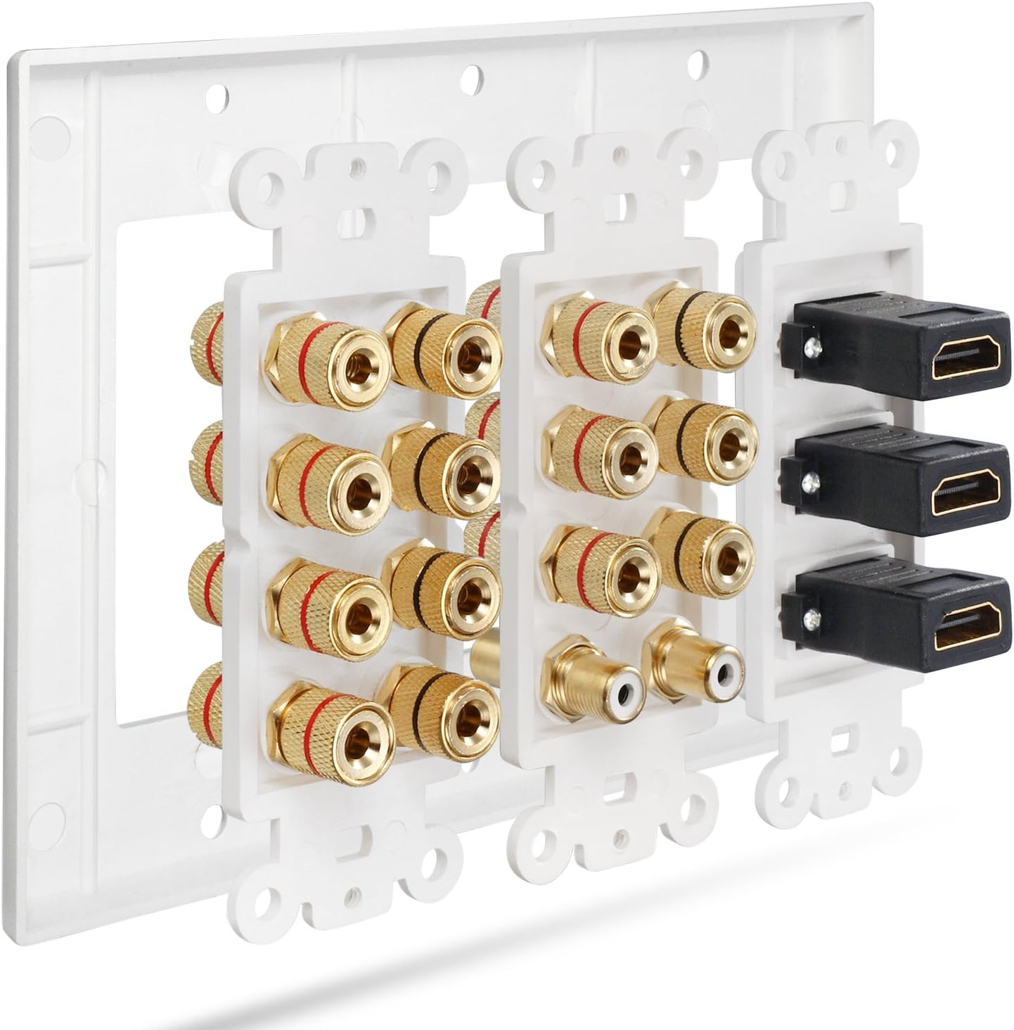 Fosmon 3-Gang 7.2 Surround Sound Distribution Wall Plate, Home Theater Gold Plated Copper Banana Binding Post Coupler Type Wall Plate for 7 Speakers, 2 RCA Jacks for Subwoofers and 3 HDMI Ports image number 3