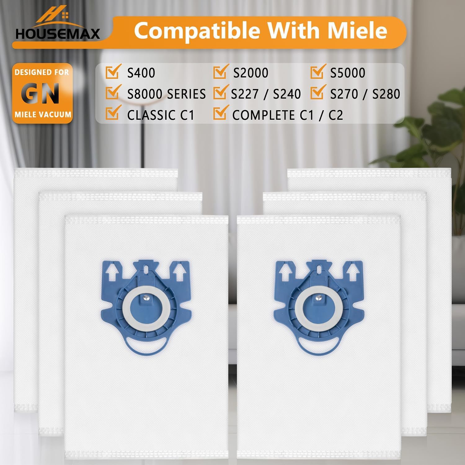 6 Packs Type GN 3D Airclean Efficiency Dust Bags for Miele Canister Vacuum Cleaner Classic C1 Complete C2 C3 S2 S5 S8 400 600 800 Series, Include 2 Motor Protection Filters and 2 Exhaust Filters