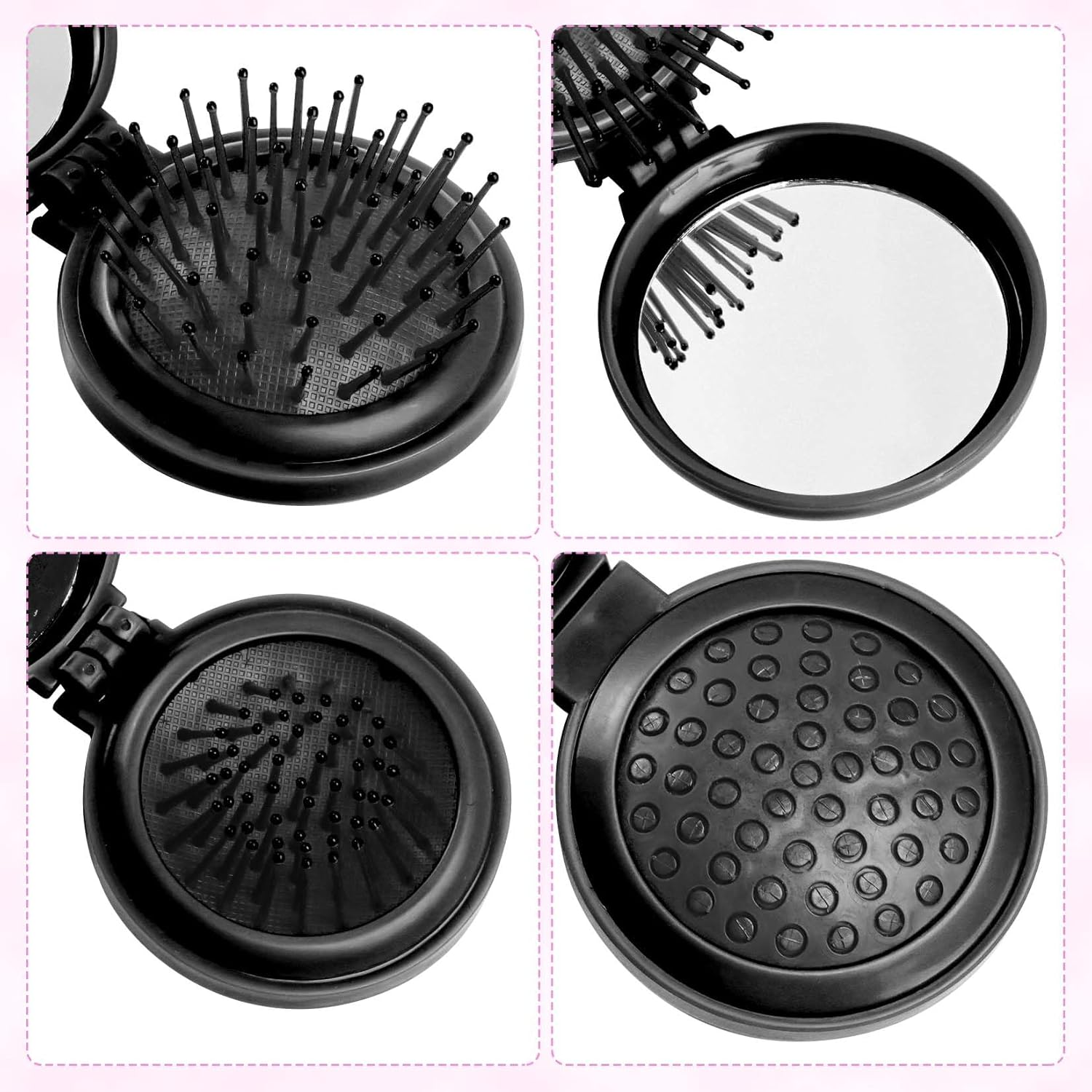 2Pcs Folding Travel Mirror Hair Brushes round Mirror Pocket Hair Brush Portable Mini Pop up Hair Brushes for Women Girls Wet and Dry Hair (Black) - Black image number 6
