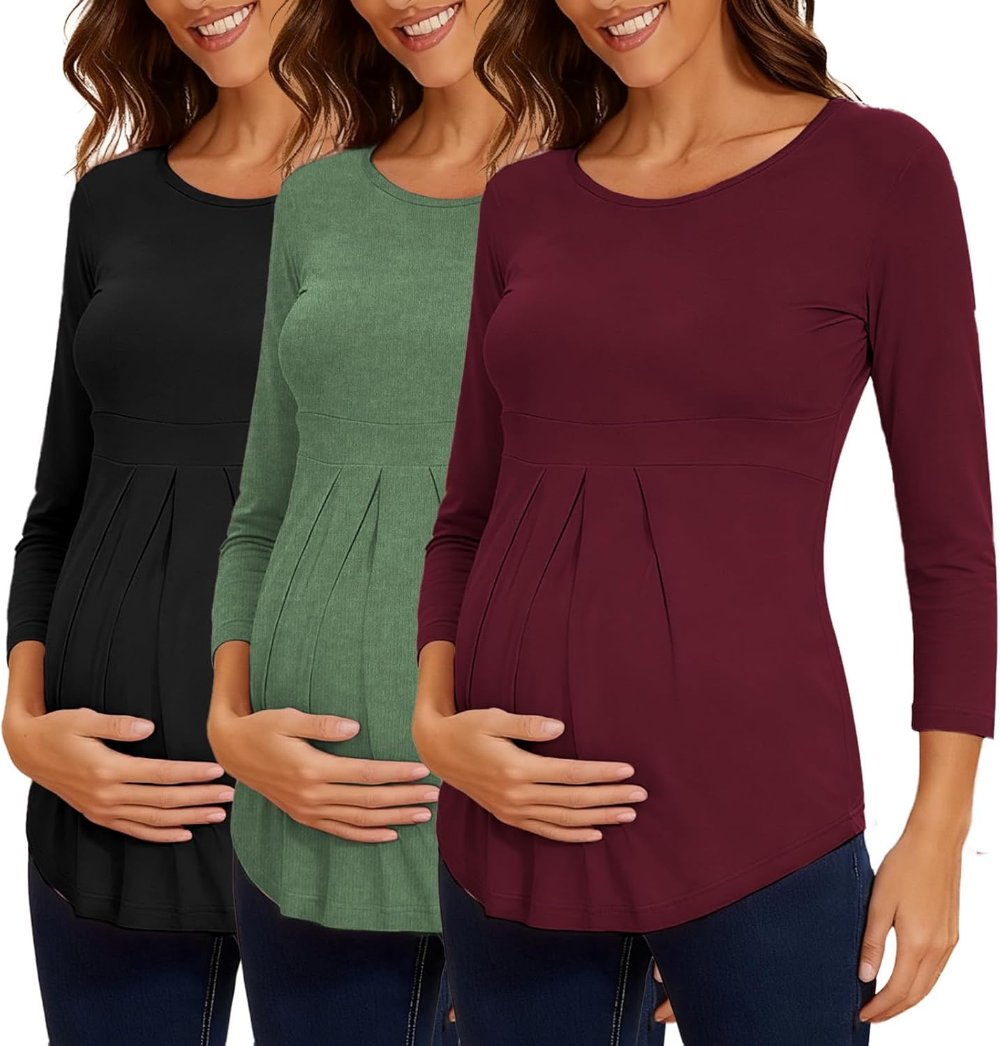 Ecavus Womens Maternity Shirts 3-Pack Short Sleeve Tops Empire Waist Pleated Front Maternity Clothes for Work and Casual image number 2