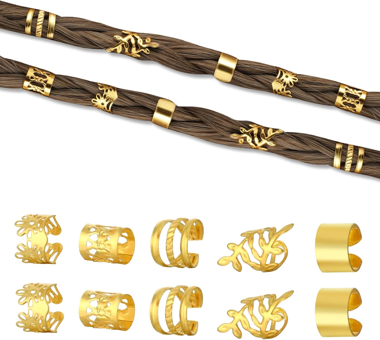 Prasacco 50Pcs Gold Hair Jewelry for Braids, Loc & Dreadlocks - 5 Styles, Luxury Gold Rings & Cuffs - Adult Women'S Hair Clip Accessories image number 2