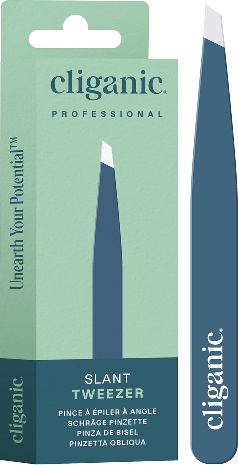 Cliganic Professional Eyebrow Tweezers Slant Tip Precision for Men & Women, Stainless Steel Best for Plucking Chin Facial Hair