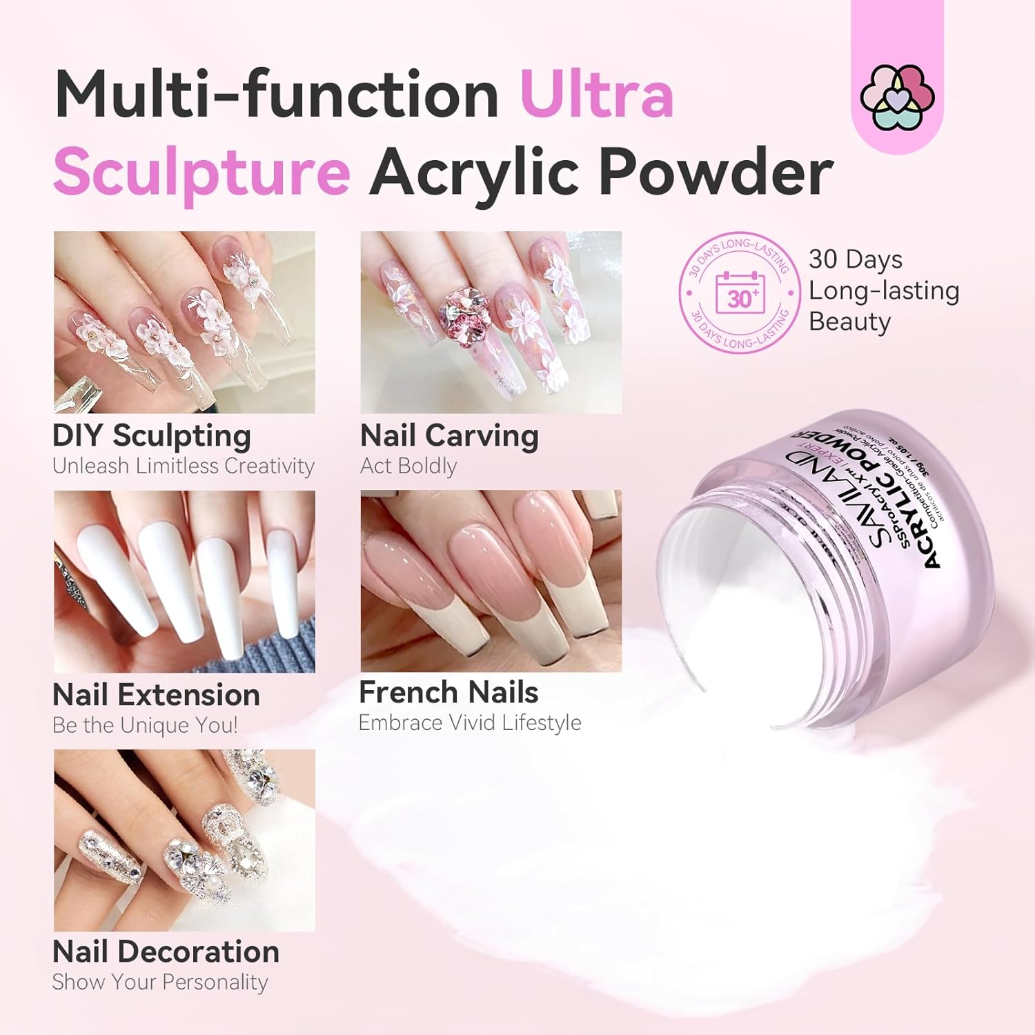 SAVILAND Ssproacryl X White Acrylic Powder Strong-Sturdy: 2024 Blending Tech Keratin Nail Acrylic Powder Ultra-Smooth Application Professional Powder for Nail Extension & Carving Nail image number 3