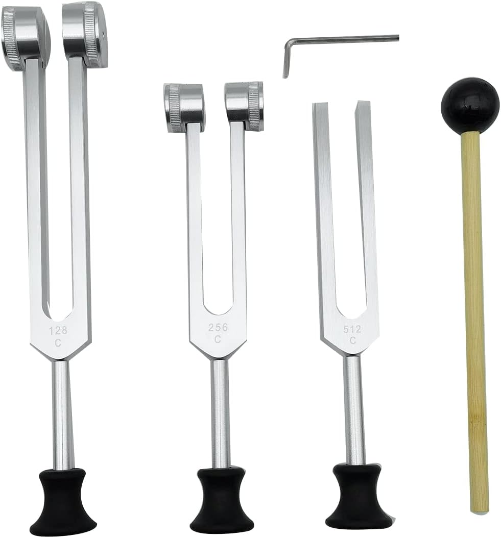 4 Pack Tuning Fork Set(128Hz, 256Hz, 512Hz) with Tuning Fork Hammer for Sound Sound Vibration Tool with Base,Silver