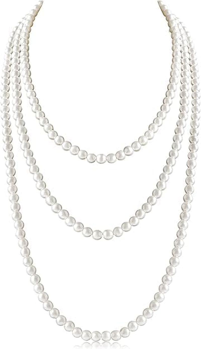 Faux Pearl Necklaces,Women Long Pearl Necklace Costume Jewelry,Pearl Necklace Vintage Multi Strands Necklace,Layered Pendant Pearls Jewelry Pearl Necklaces,White Pearl Costume Necklace