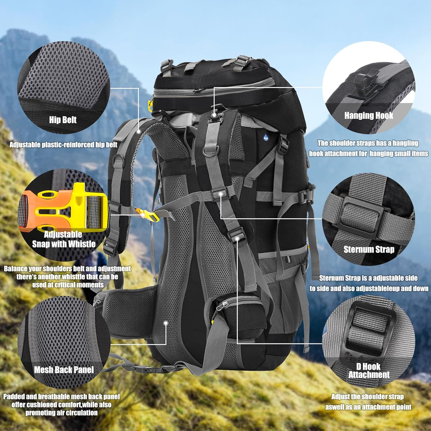 VYNTEL 60L Hiking Backpack with Rain Cover, Unisex Large Outdoor Climbing Backpack for Men & Women, Multi Compartments Camping Rucksack, Adjustable Trekking Bag for Travel image number 2