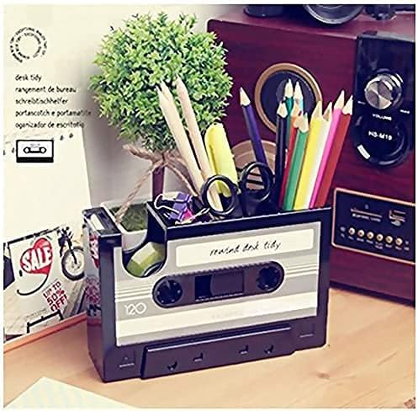 Cassette Tape Dispenser Pen Holder Vase Pencil Pot Stationery Desk Tidy Container Office Stationery Supplier Gift-Onepalace (Black)