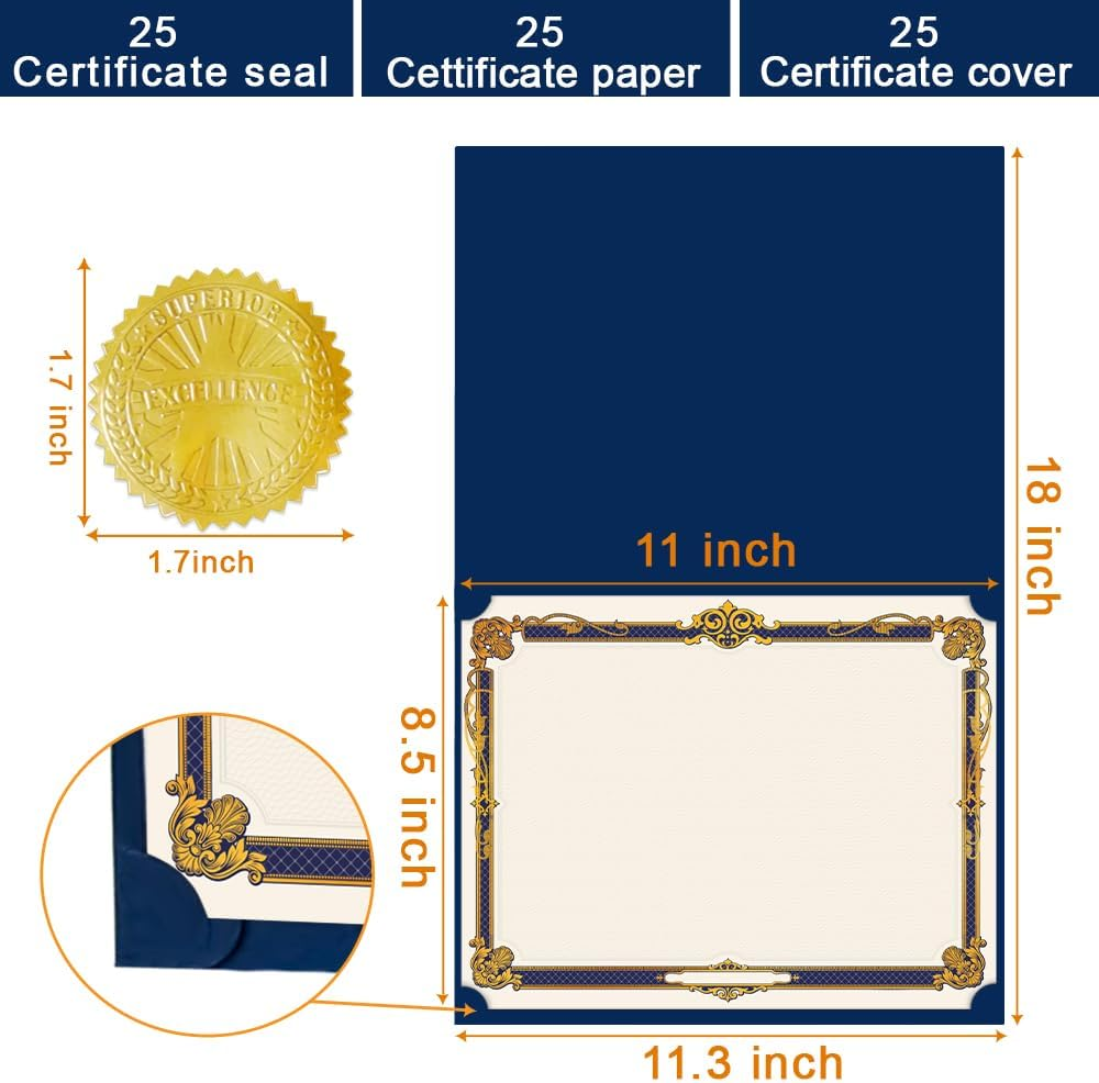 75 Pcs Certificate Kit, 25 Gold Foil Certificate Holders & 25 Certificate Paper & 25 Certificate Seals Stickers for Graduation Diploma, Award Accomplishment. image number 2