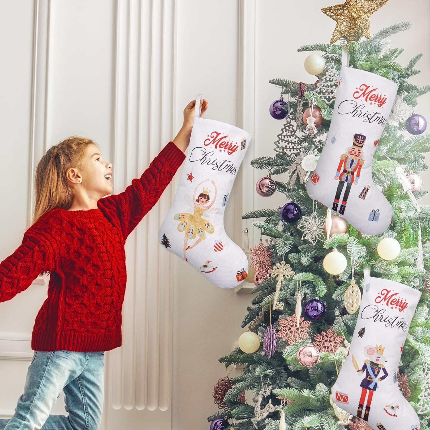 Anydesign Large Nutcracker Christmas Stocking 18 Inch Xmas Hanging Stocking 3Pcs Rustic Vintage Watercolor Favor Treat Stocking Gift Bag for Kids Fireplace Xmas Tree Indoor Party Decoration image number 6