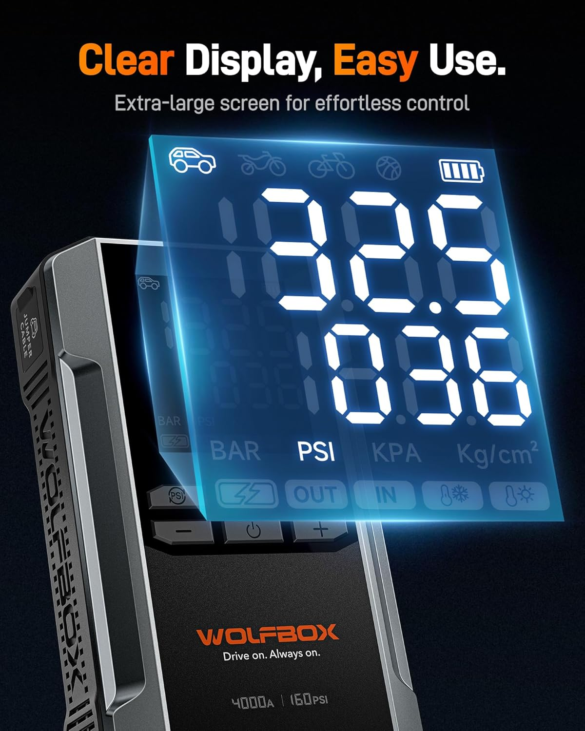 WOLFBOX Jump Starter with Air Compressor 4000A, Portable Tire Inflator, 160PSI, 65W Fast Charge, LED Display, 12V Car Battery(10L Gas & Diesel Engines) with Booster, LED Light, Jumper Cables image number 1