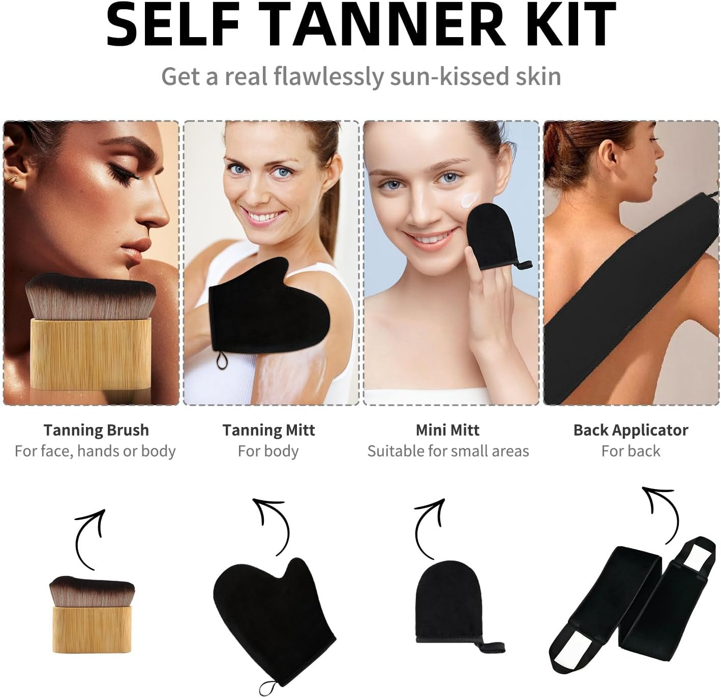 FUNAN Self Tanning Application Kit, 4-Piece Set with Back Applicator, Mini Mitt, Tanning Mitts and Ultra Soft Self Tanner Brush Bamboo Kabuki Brush, Black image number 2