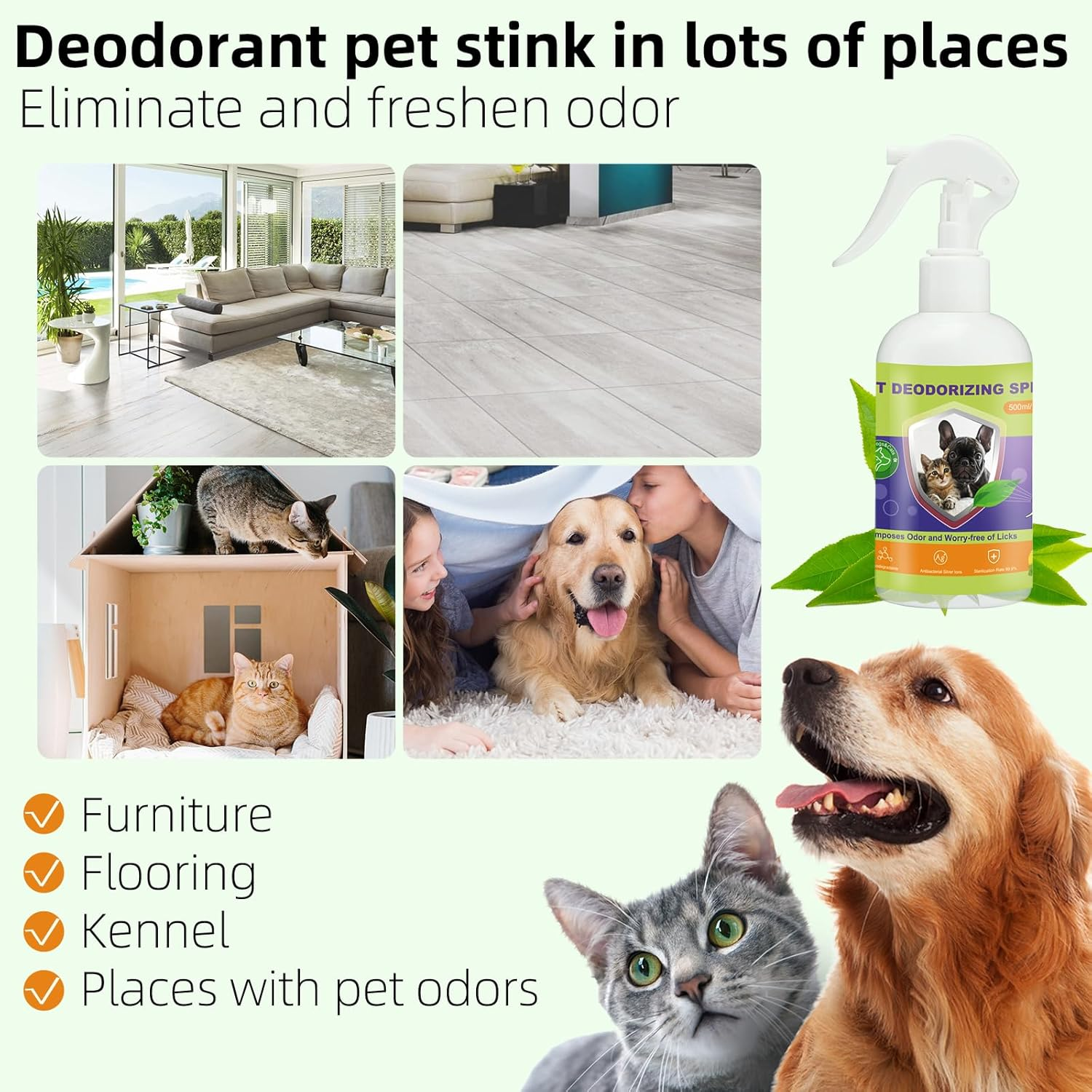 Dog Urine Odor Eliminator Spray for Home, Cat Litter Box Deodorizer, Pet Room Deodorizing for Pee Smells on Carpet or Furniture, Puppy Perfume Spray Long Lasting, 500Ml/16.9Oz, Green Tea image number 3