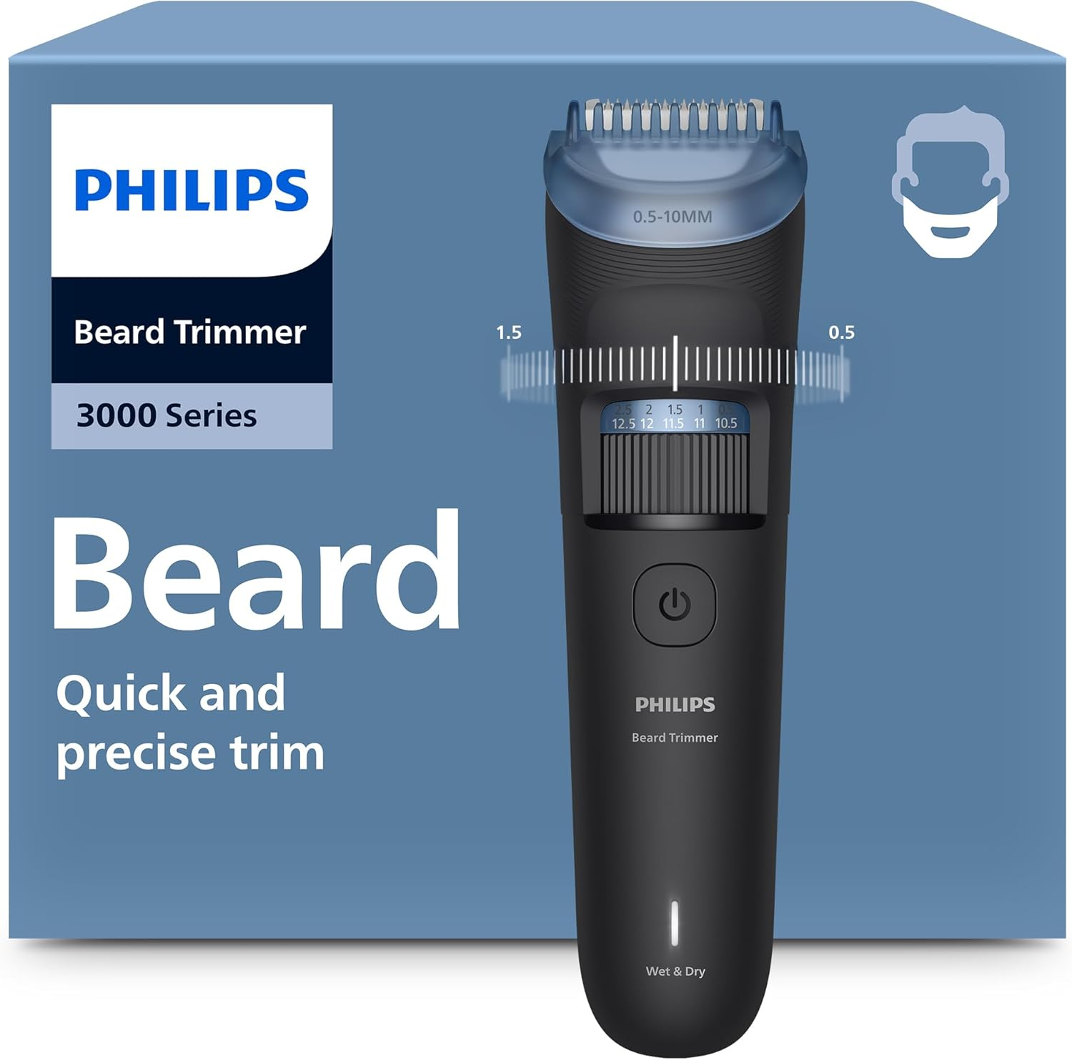 Philips Beard Trimmer 3000 Series - Self-Sharpening Metal Blades, 40 Lock-In Settings, Lift&Trim Comb, 100% Waterproof, Battery Indicator, USB Charging, Model BT3660/15