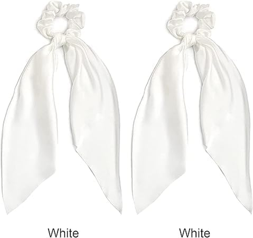 2 PCS Hair Scrunchies Scarf White Hair Ribbon Satin Silk Elastic Hair Tie Bow Bands Ponytail Holder Accessories for Women Girls