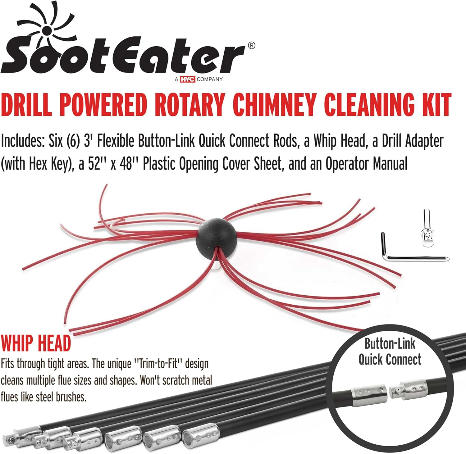 Gardus RCH205-B Sooteater Rotary Chimney Cleaning System, Cleans Open Chimneys up to 18' with 6 Flexible 3' Rods, Includes Trim-To-Fit Spinning Chimney Whip Pack of 1 image number 2