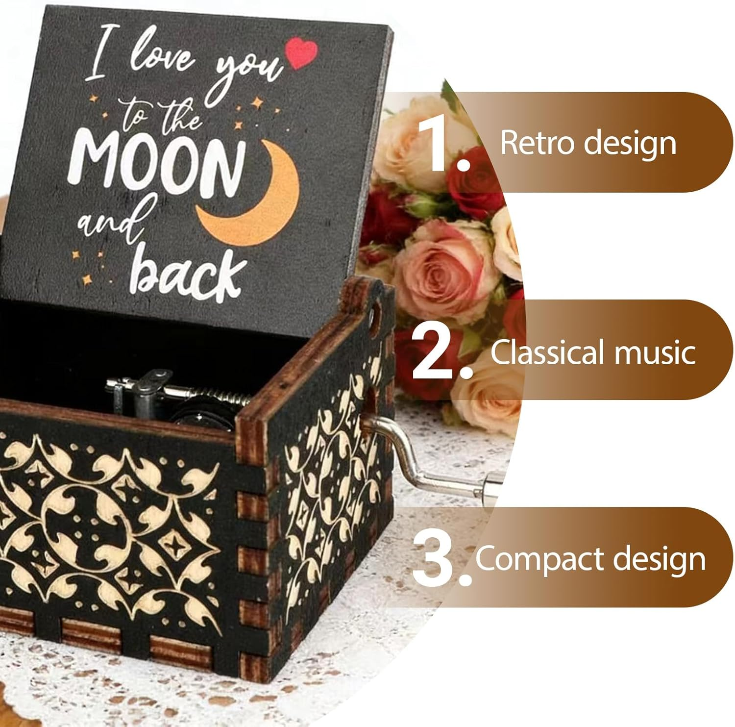You Are My Sunshine Wooden Hand-Crank Music Box, Vintage Design with &lsquo;I Love You to the Moon and Back&rsquo; Carvings, Wife, Girlfriend, Boyfriend ，Wedding Anniversary, Birthday image number 4