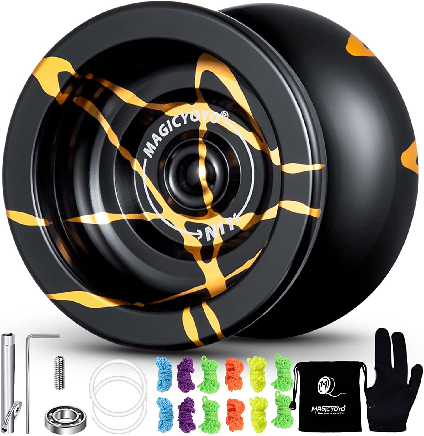 MAGICYOYO N11 Professional Unresponsive Yoyo N11 Alloy Aluminum Yoyo Ball (Black with Golden) with Bag, Glove, 12 Yoyo Strings and Responsive Yoyo Bearing Kit for Dual Purpose Use image number 6