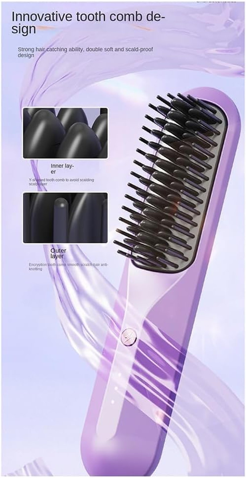 Rechargeable Hot Comb Cordless Hair Brush Straightener Heat Pressing Combs Electric Comb anti Burn Fast Heating-C - Pink image number 3