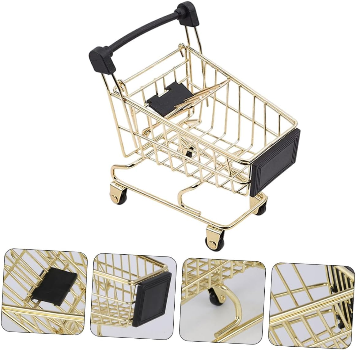 Yardwe Mini Metal Shopping Cart Storage Basket, Home Office Sundries Organizer, Gold Decorative Trolley Basket for Small Item Storage