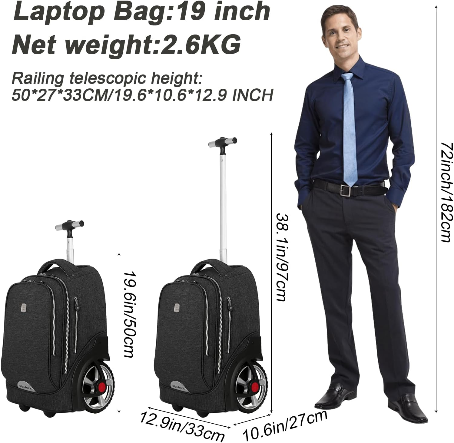 19 Inches Rolling Laptop Bag with Big Wheels, Carry on Strapless Travel Bag, Water Resistant Stylish, Stable Durable Quiet Wheels, Easy to Climbing up or down Stairs for Student Travel and Business