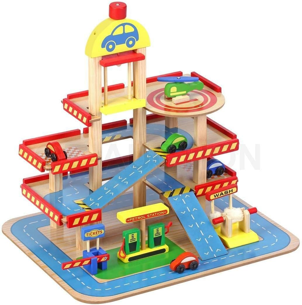 Kids Wooden Car Garage Premium Toy Car Park Car Ramp Car Parking Playset Colourful with 4 Levels Lift, Car&rsquo;S Car Wash, Petrol Station and Helicopter Pad image number 2