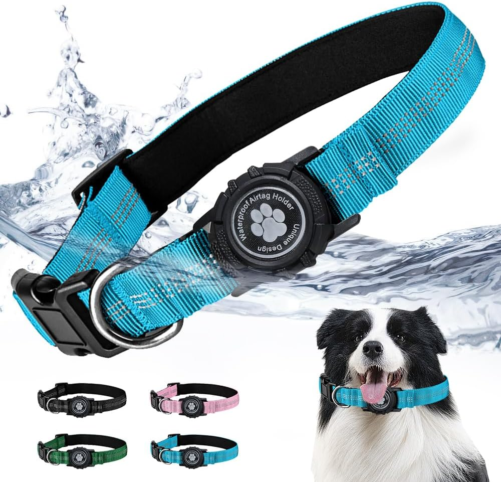 Reflective Air Tag Dog Collar with Waterproof Apple Airtag Holder for Small Medium Large Dog Locking Buckle Havey-Duty Nylon Dog Collars Blue XS