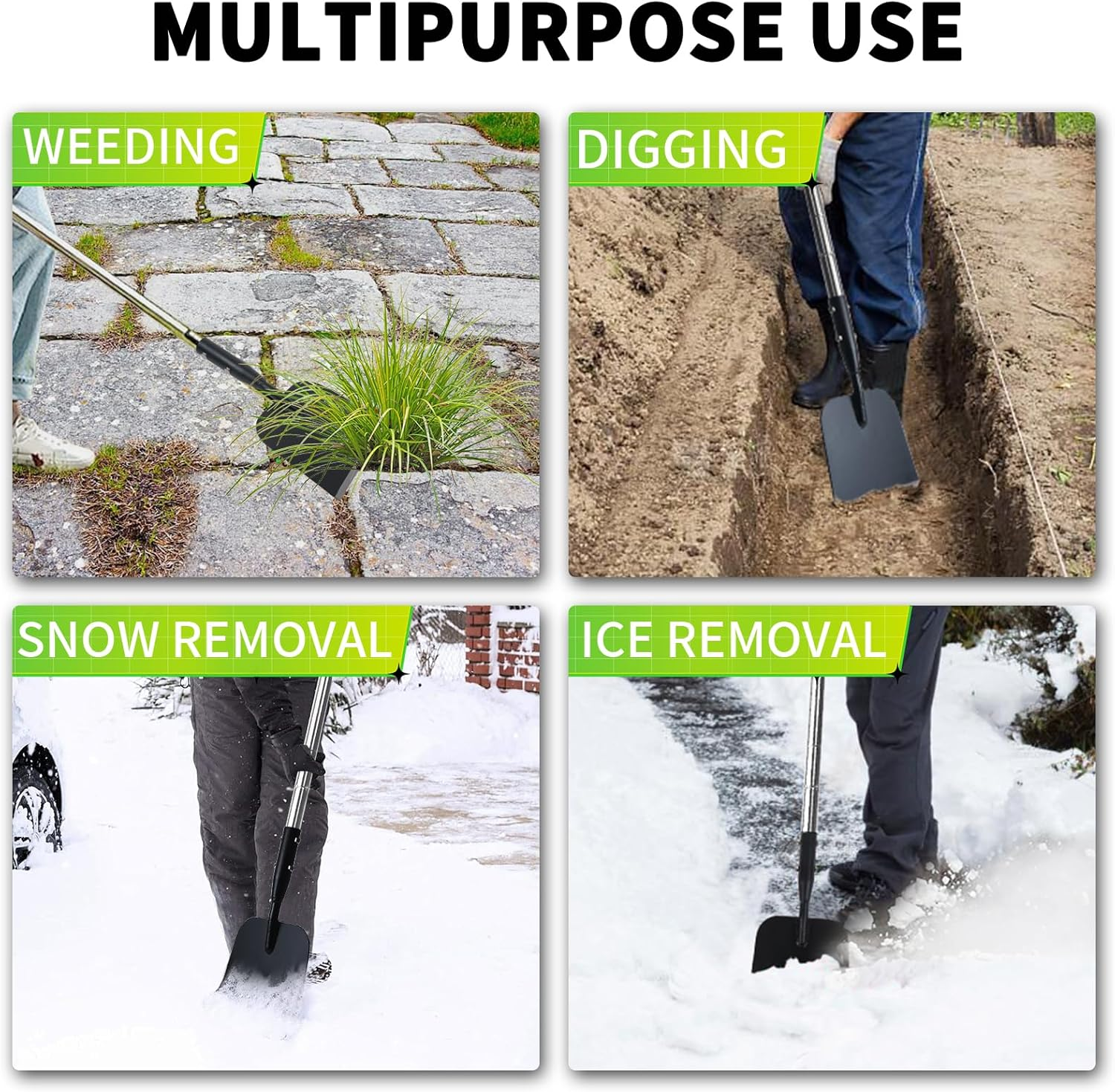 BARAYSTUS Snow Shovel, Sharp Flat Shovel with Adjustable Handle, Carbon Steel Ice Shovel, Multifunctional Cleaning Shovel, Weed Scraper with Handle for Walkway, Driveway