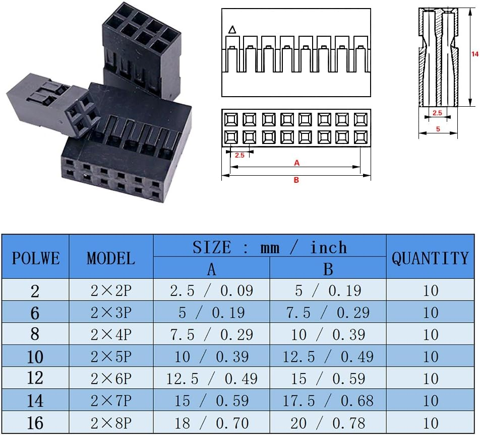 Glarks 700Pcs 2.54Mm Pitch 1/2/3/4/5/6/7/8 Plug Dupont Connector Housing Male/Female Pin Connector with 10 Wire Rainbow Color Flat Ribbon IDC Wire Cable Assortment Kit - Jst-Xhp 2 3 4 5 6 7 8 9 image number 7
