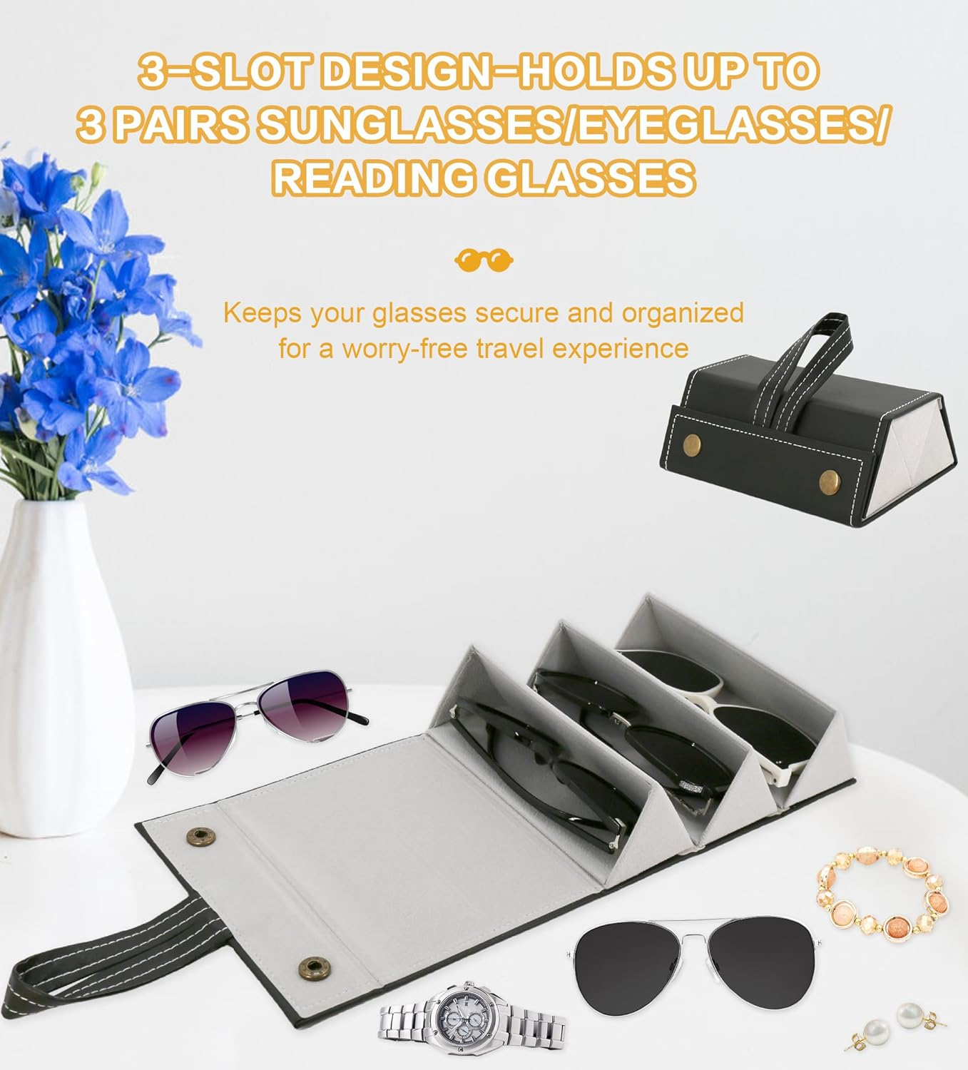 YOKONICO 2Pack Sunglasses Organizer Travel Case Foldable 3 Slots Glasses Organiser Portable Eyeglasses Storage Wall-Mounted Sunglasses Rack Hanging Storage Box Classic Durable for Women and Men - Brown image number 3