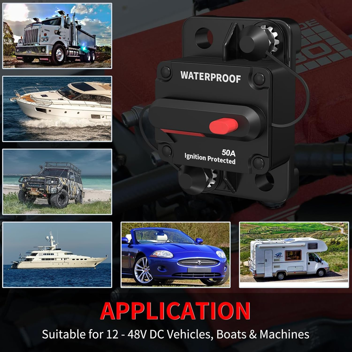 MAEZOE Car Circuit Breaker 50A AMP with Manual Reset Switch, 12V-48V DC Waterproof Inline Fuse Inverter for Marine Trolling Motors Boat ATV Manual Power (50A) image number 6