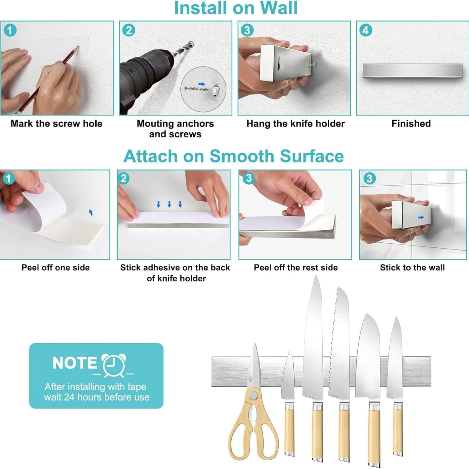 30CM Magnetic Knife Holder,Stainless Steel Wall Mounted Magnetic Knife Strip, Kitchen Knives Rack for Refrigerator Utensil Holder Tool Holder image number 2