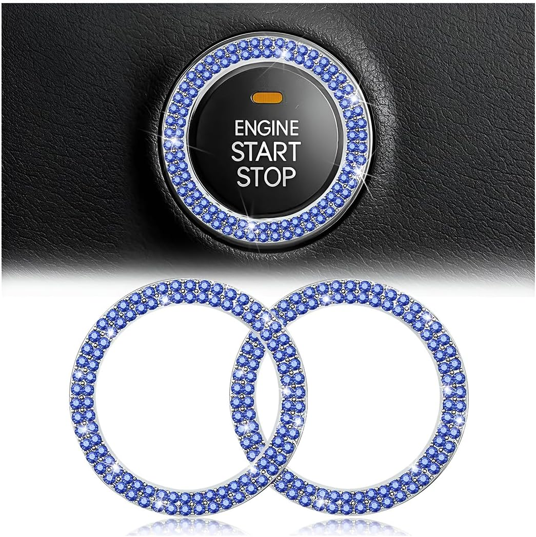 2 Pack Car Push Start Button Cover/Sticker, Key Ignition Knob Bling Ring, Sparkling Car Interior Accessories for Women (Double Blue) image number 6