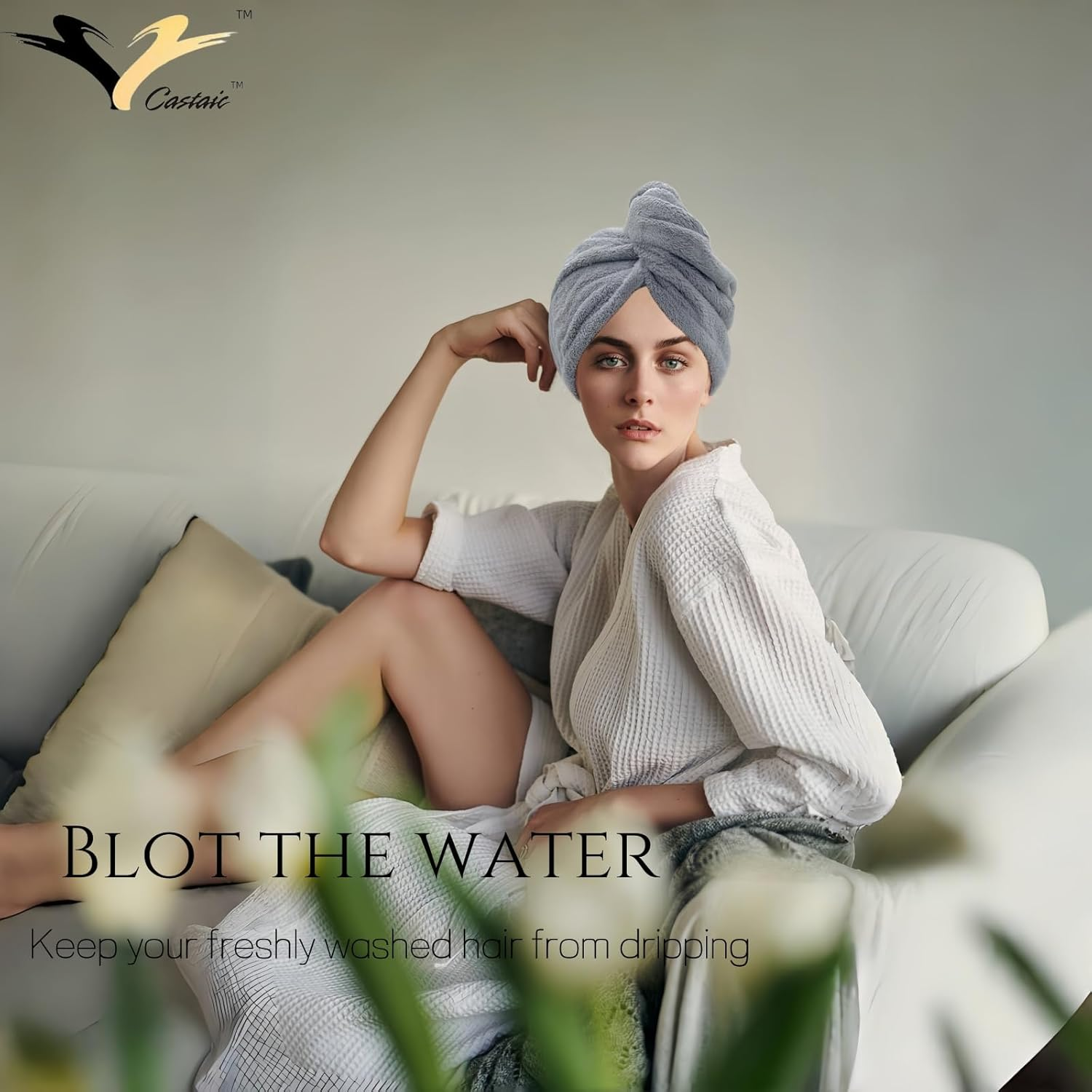 Castaic 3Pcs Microfiber Hair Towel Wrap, Hair Drying Towel with Button Design for Curly, Long & Thick Hair anti Frizz, Super Absorbent Twist Turban for Women (Gray+Pink+Blue)