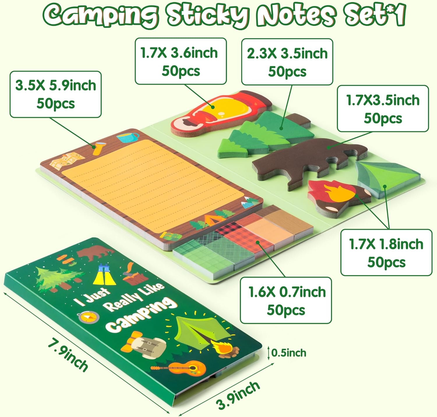 Xqumoi I Just Really like Camping Sticky Notes Set, 550 Sheets, Camp Adventure Self-Stick Note Pads Tree Bear Tent Writing Memo Pads Page Marker Student Classroom Back to School Gift Office Supplies image number 4
