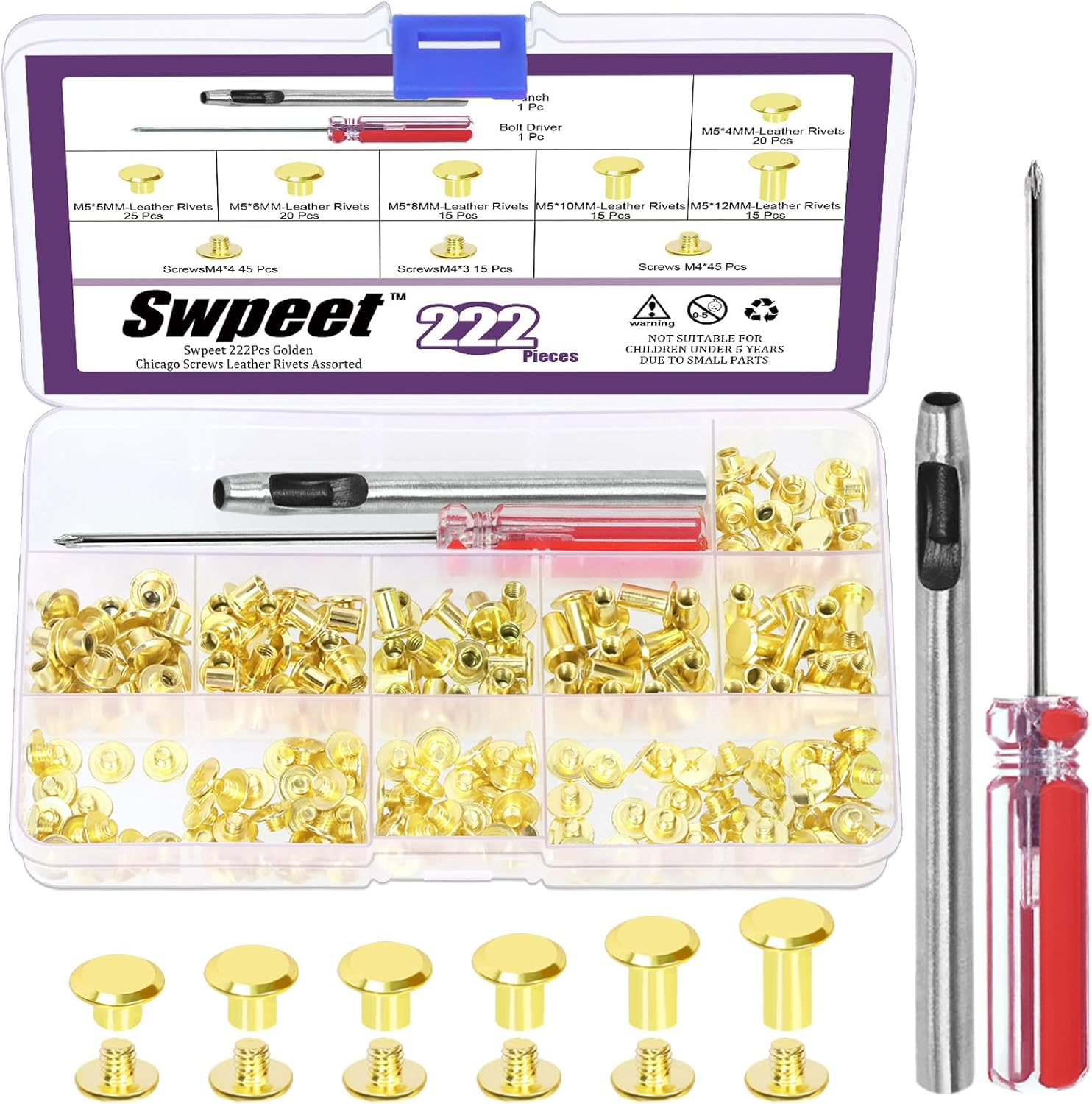 Swpeet 110 Set 6 Sizes M5 X 4Mm/5Mm/6Mm/8Mm/10Mm/12Mm Gold Leather Rivets Chicago Binding Screws with Install Tools Assortment Kit, Screw Rivets M5 Chicago Binding Screws for Repair Leather