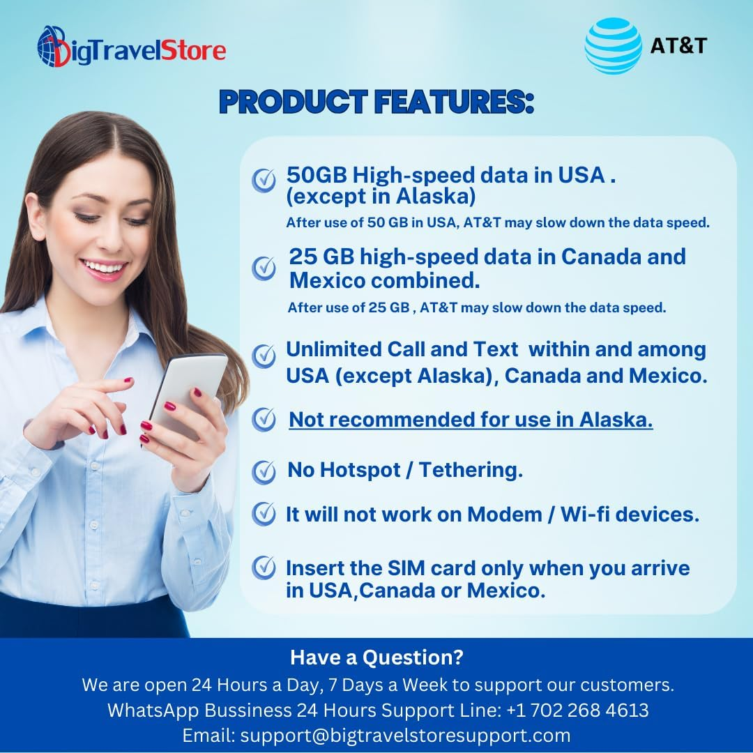 AT&T Brand USA, Canada and Mexico Prepaid Travel SIM Card Unlimited Call/Text and up to 50GB Highspeed Data in USA (Except Alaska) and 25GB Highspeed Data in Canada/Mexico Combined (30 Days) image number 3