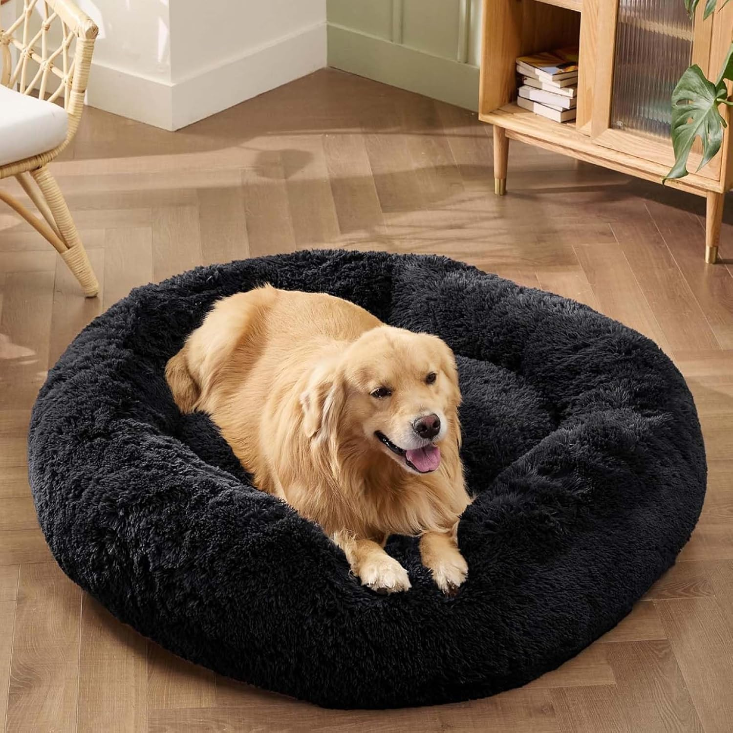 Calming Dog Bed for Small Medium Dogs,80Cm Anti-Anxiety Donut Dog Cat Cuddler Bed Machine Washable Fluffy Luxury Anti-Slip Waterproof Mute Base Warming Cozy Soft Pet round Bed-Black image number 6