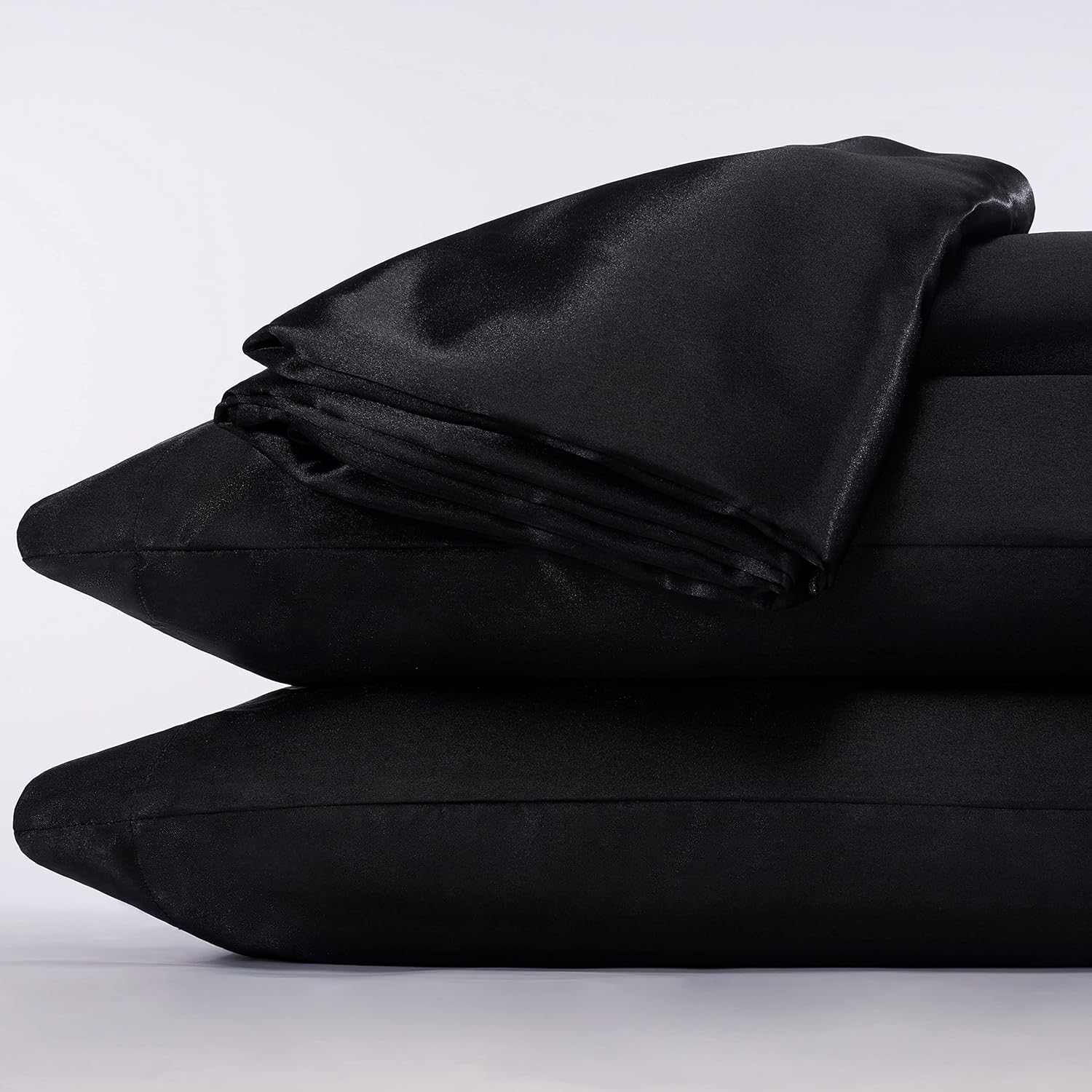 SERTA Satinluxury 4Pc Soft Lightweight Deep Pocket Bedding Silky Satin Sheet Set with Pillowcases, King, Black image number 1