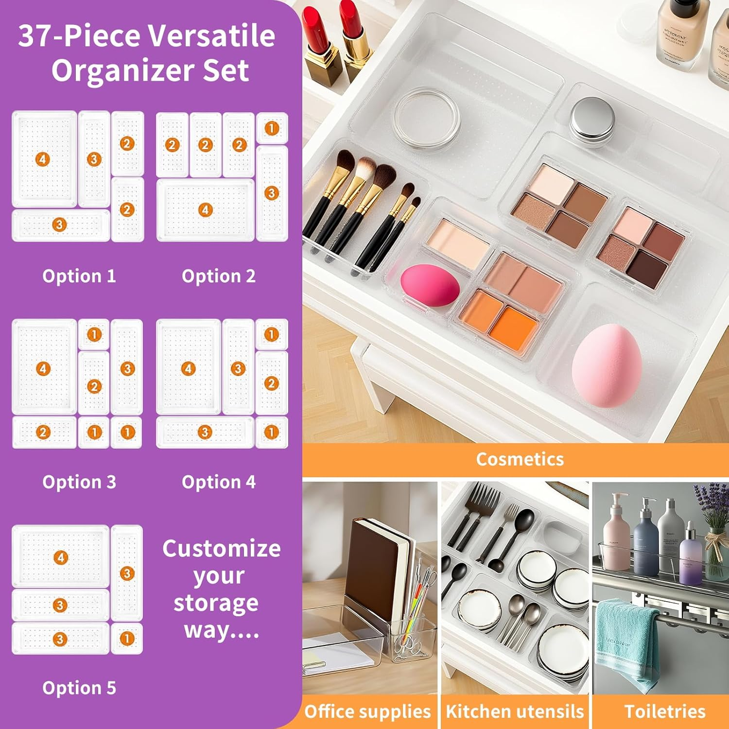 37-Piece Clear Plastic Storage Organizer Set &ndash; 4-Size Stackable Clear Drawer Dividers for Makeup, Jewelry, Office & Kitchen | Space-Saving Design | Perfect for Drawers, Desks & Countertops image number 5
