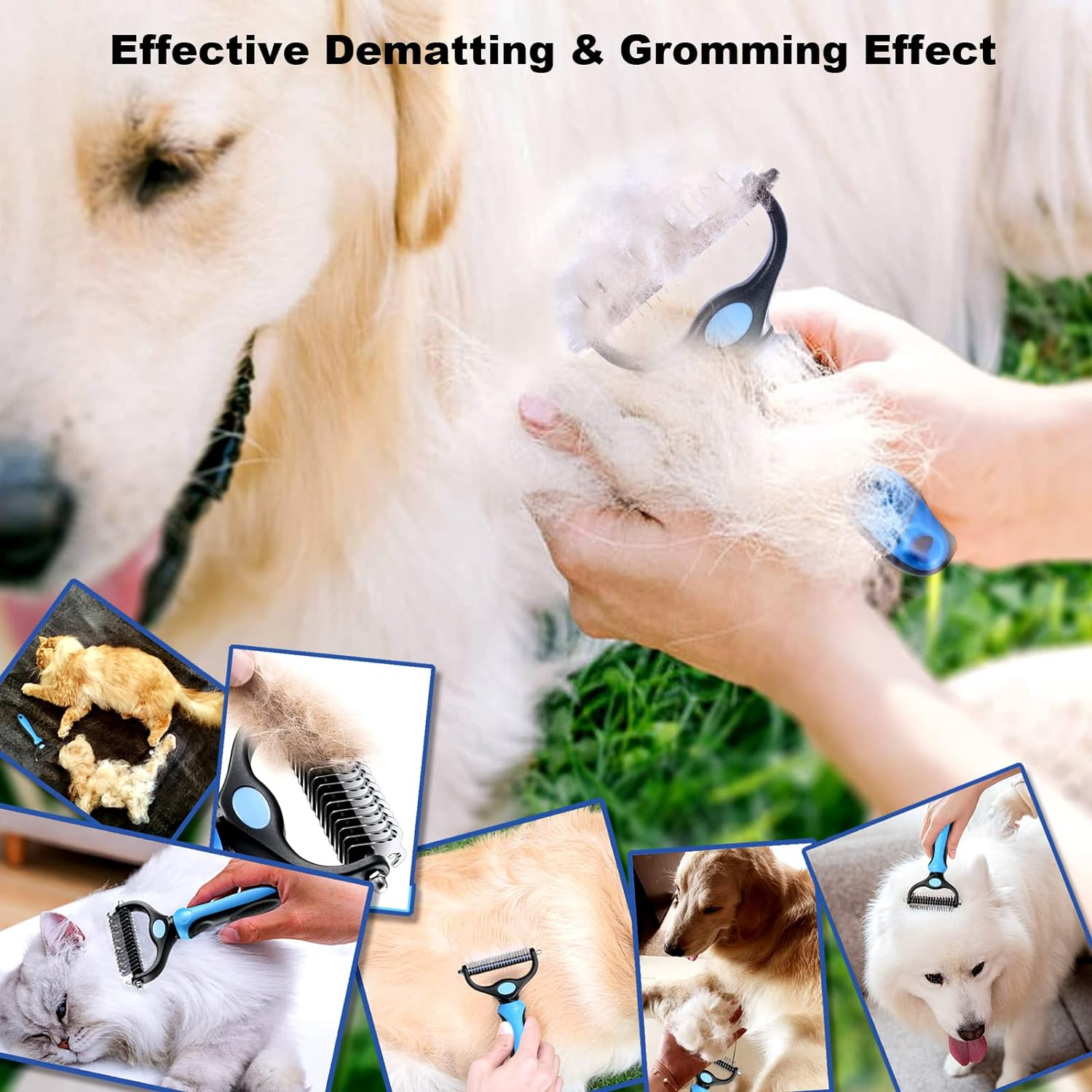 Sebtle Pet Grooming Brush, Double Sided Shedding and Dematting Undercoat Rake Comb, Deshedding Pet Brush for Dogs Cats Removes Knots & Tangles (Azure with a Comb)