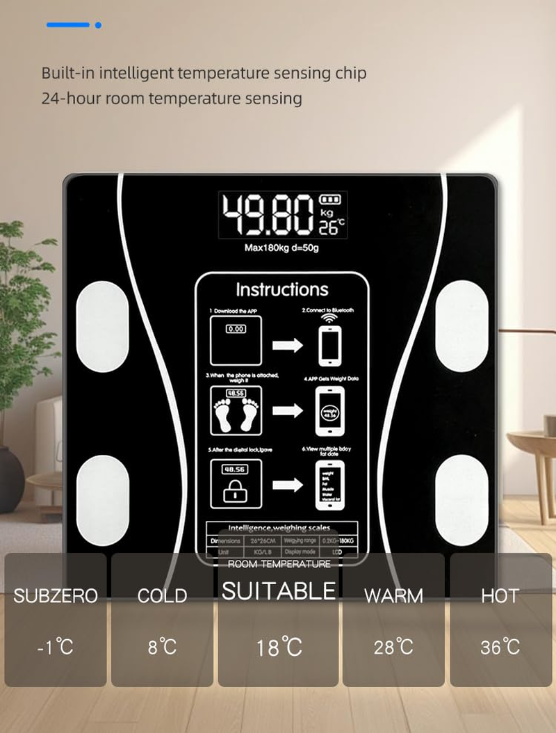 ORCO Digital Smart Body Scale, Bluetooth Bathroom Weight Scale with LCD Display, Tracks BMI, Fat, Muscle Mass, Water Percentage%, Tempered Glass Platform, 180Kg Capacity image number 5