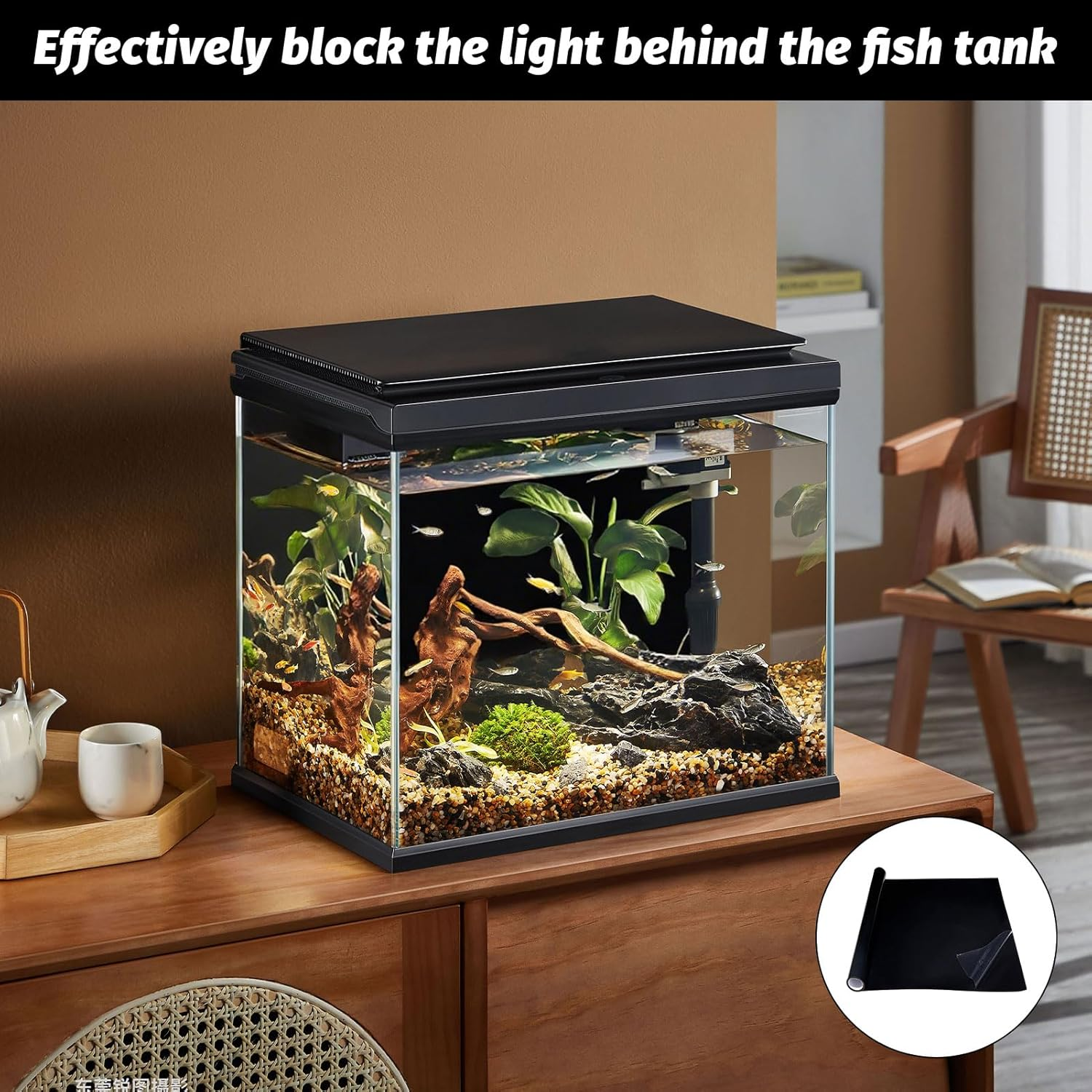 Black Aquarium Background Static Cling, Fish Tank Background, Fish Tank Decorations, Self Adhensive Black Tank Background, Aquarium Wallpaper for Aquarium Decoration and Coloring image number 4