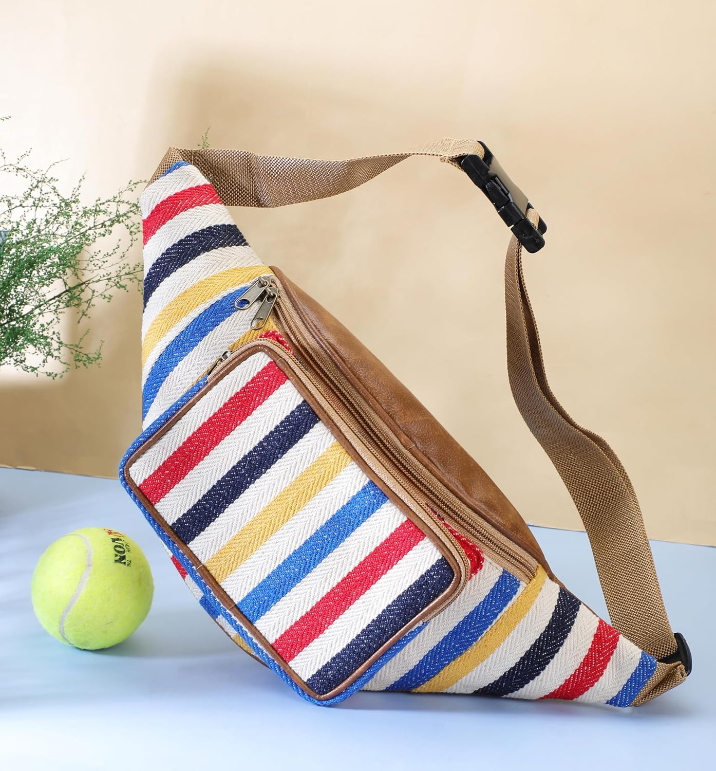 K London Fanny Pack|Multicolour Striped Canvas Waist Bag| PU Leather Adjustable Money Belt| Waist Bag for Men and Women | Unisex Money Belt (STRP_P) (11705_Multicolor), Cream Black, One Size, Fashion