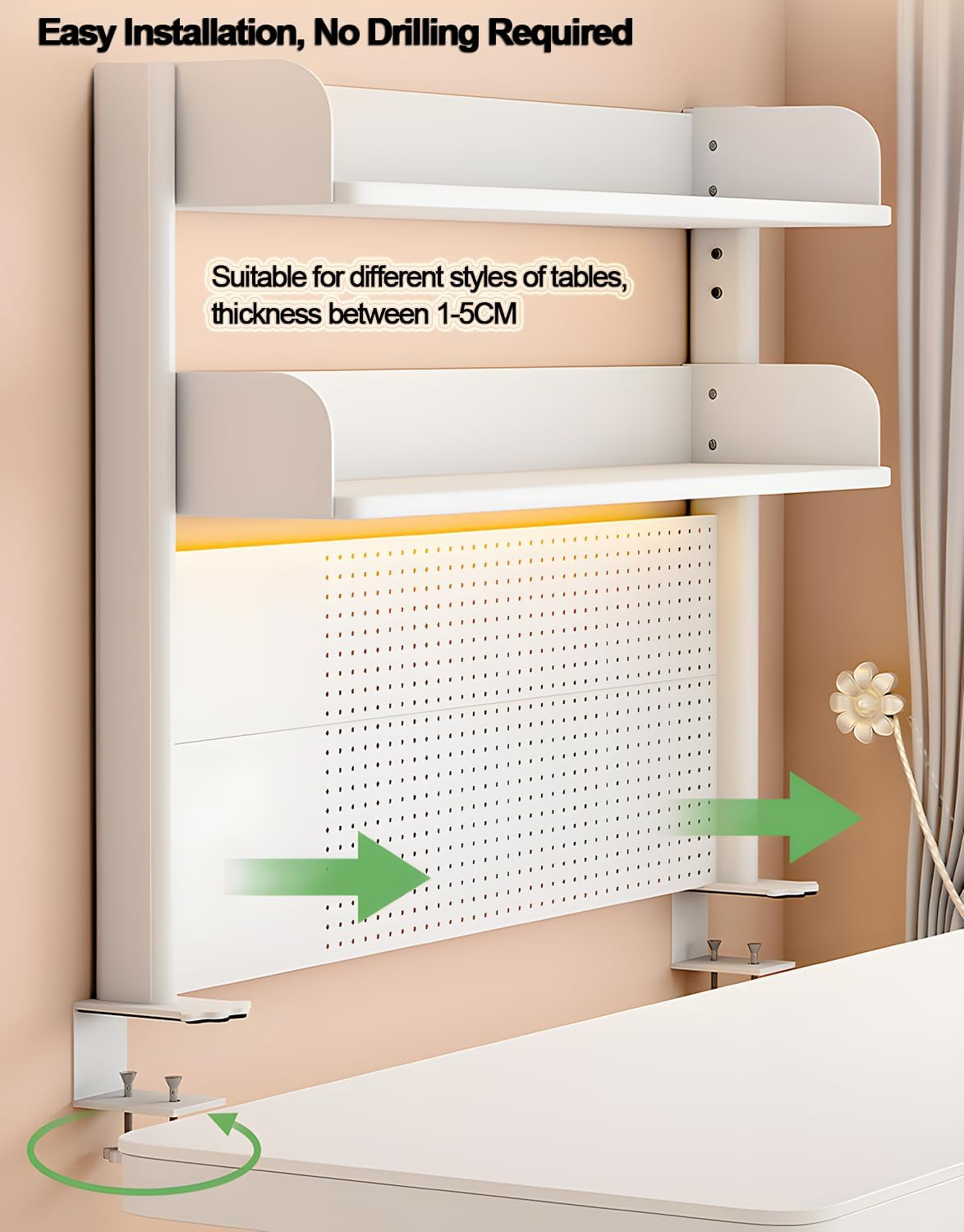 AIMANWEI Clamp-On 31.5 Inch above or below Desk 3-Tier Shelving, Desk Organizer Shelf for Office Accessories, Gaming Devices with 20 Pieces Storage Accessories (White) image number 1