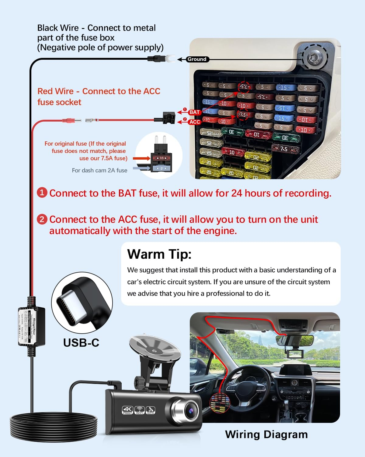 Dash Cam Hardwire Kit, USB-C Port 4M Hard Wiring Kit for Car Cam Car Charger Power Cord 12V/24V to 5V 2.5A Charger Cable with 4 Power Adapters 3 Fuses for Dashcam GPS Etc image number 2